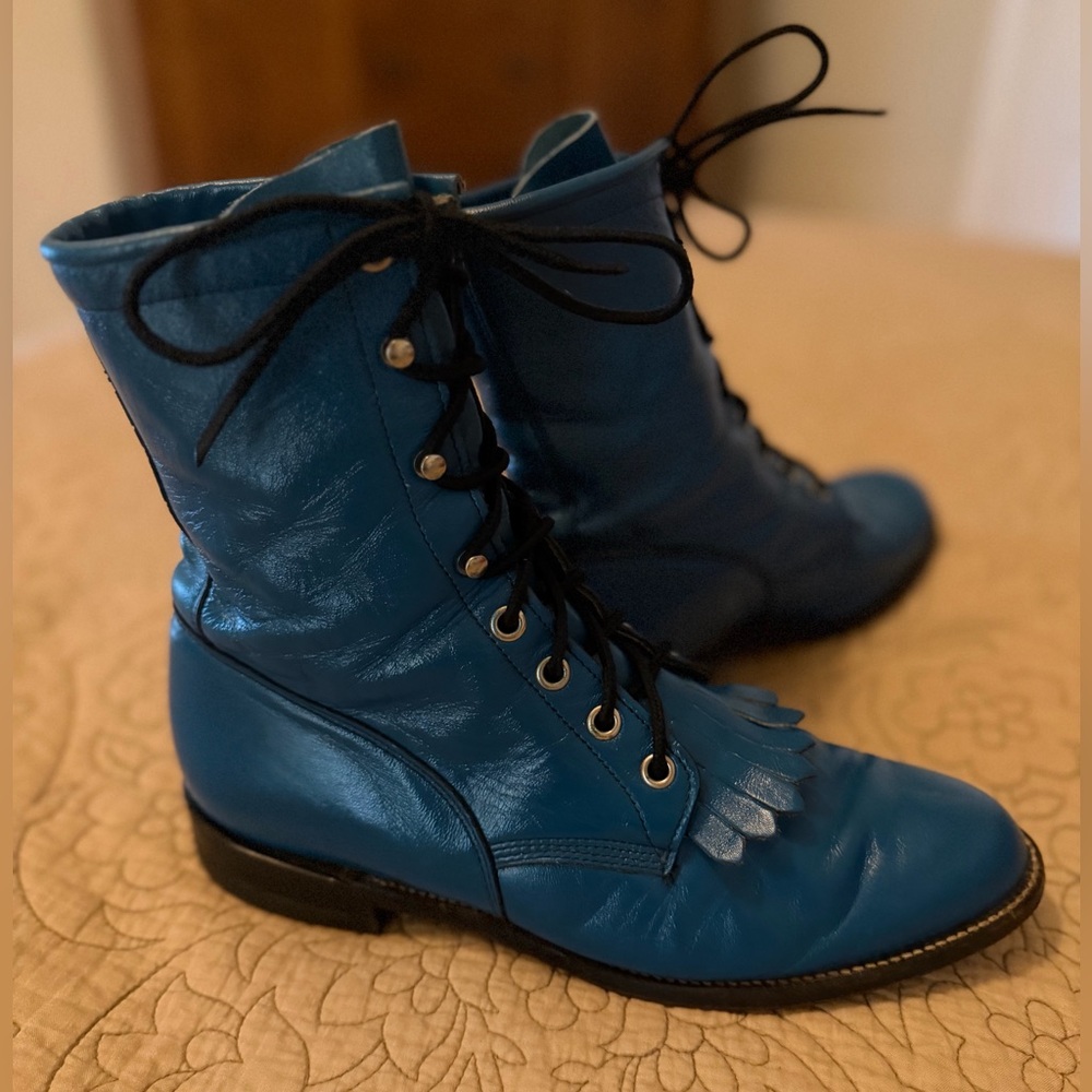VTG Justin 80s 90s Teal Turquoise Blue Lace-Up Kiltie Roper Granny Boots 7.5-8 - Picture 5 of 11